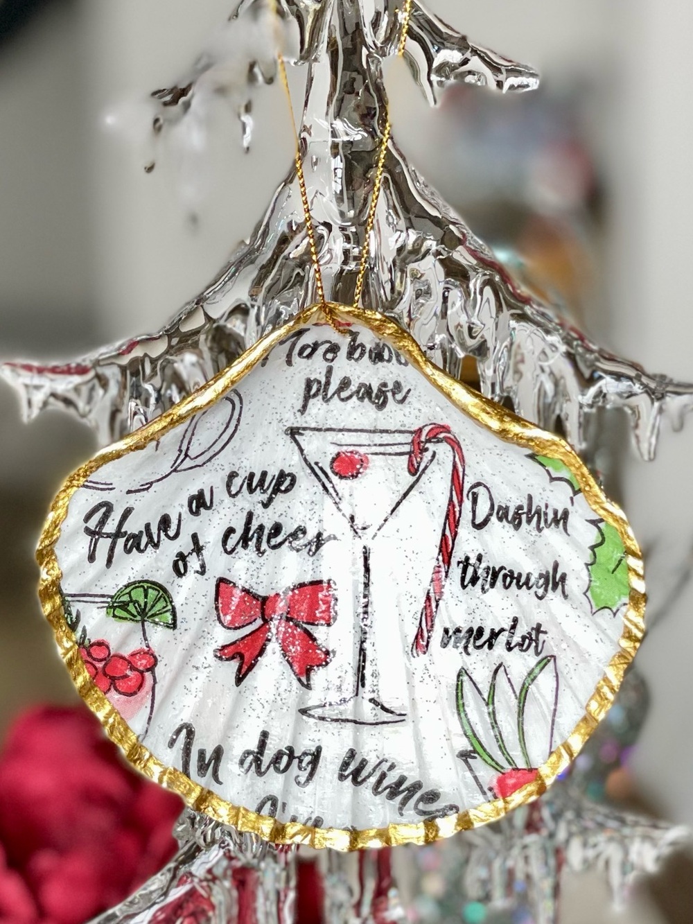 Hand Crafted Christmas Cheer Scalloped Clam Shell Ornament GIFT WRAPPED 4”